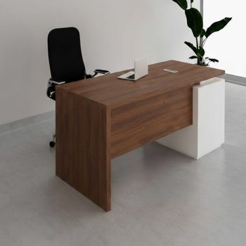 "A modern individual staff desk featuring a warm walnut wood top, an attached walnut side return cabinet, a matte black modesty panel accented with two horizontal silver lines, and a black steel square loop frame leg."