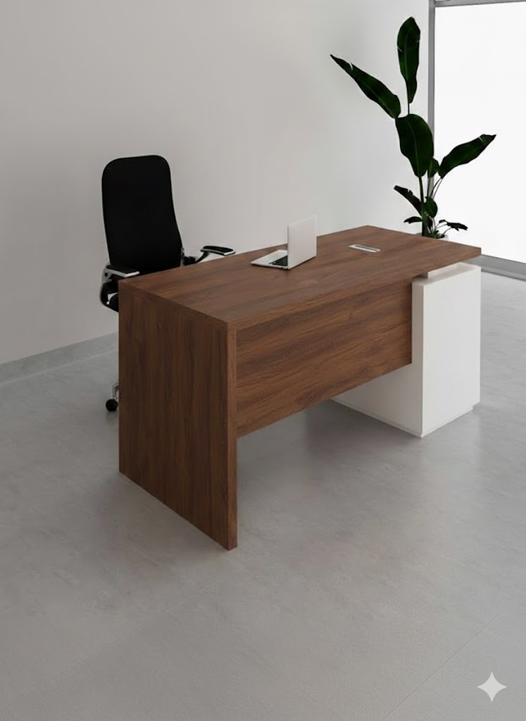 "A modern individual staff desk featuring a warm walnut wood top, an attached walnut side return cabinet, a matte black modesty panel accented with two horizontal silver lines, and a black steel square loop frame leg."