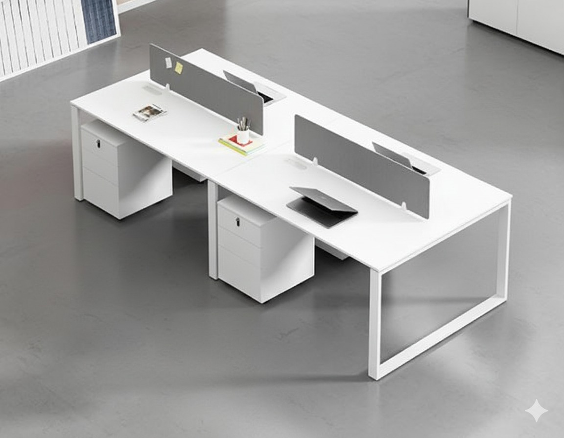 "A modular 4-person back-to-back office workstation desk featuring clean white surfaces, a matching white metal O-shaped loop frame, gray felt privacy divider screens, and white under-desk mobile filing cabinets."