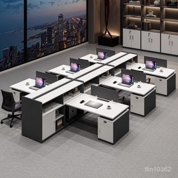 "A contemporary 6-person modular office workstation desk configuration featuring white T-shaped desktops, charcoal gray privacy paneling, an integrated central spine organizer shelf, and two-tone under-desk storage cabinets."