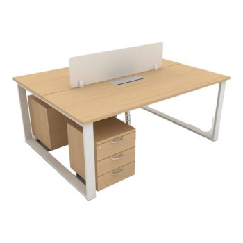 "A modular 2-person back-to-back office workstation desk featuring light wood-grain tabletops, a white steel O-shaped loop frame, a frosted acrylic center privacy screen, and matching under-desk mobile filing cabinets."