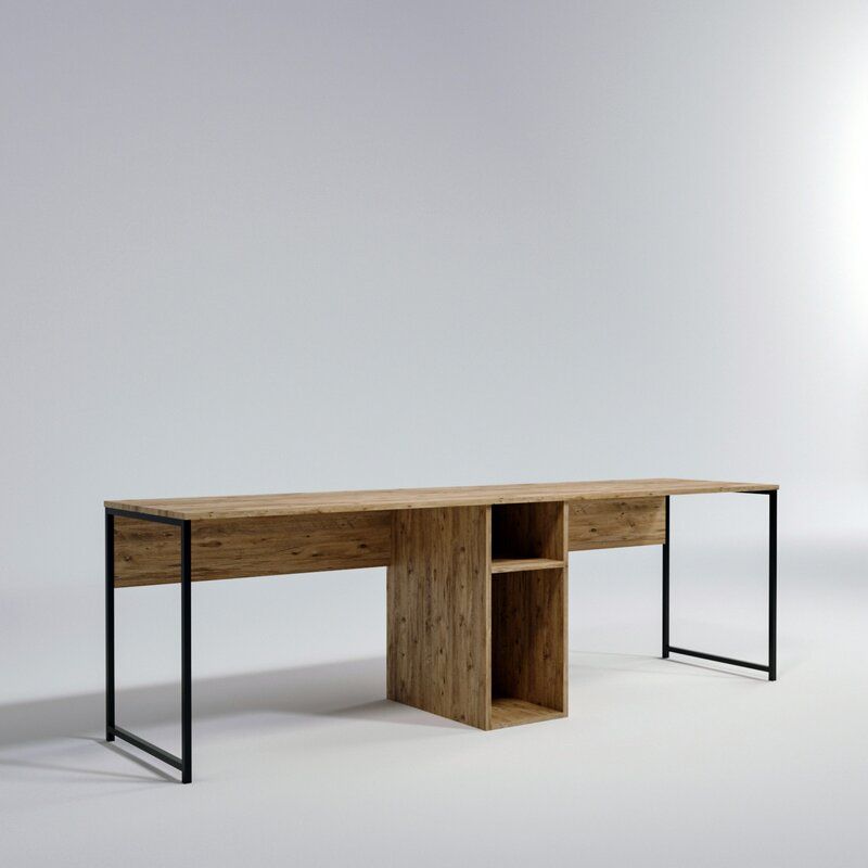 "A linear 2-person office workstation desk featuring rustic wood-grain surfaces, a central wooden privacy support base with open shelving cubbies, matching modesty panels, and minimalist black metal square loop frame legs."