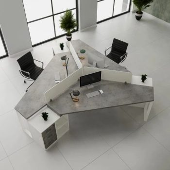 "A modern 3-person 120-degree modular office workstation featuring industrial concrete-textured gray desktops, a central white Y-shaped divider screen, and integrated white under-desk storage pedestals."