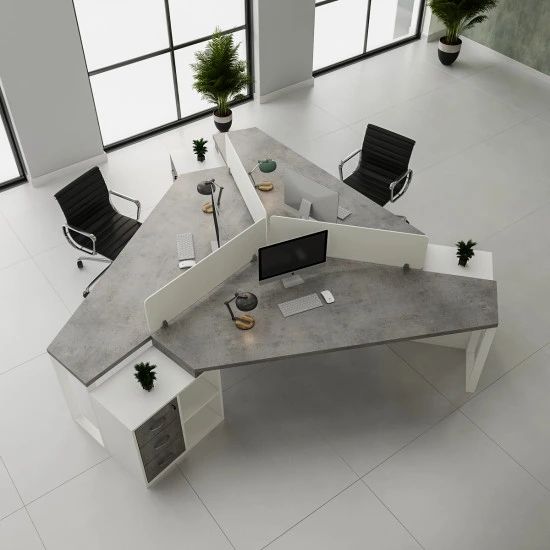 "A modern 3-person 120-degree modular office workstation featuring industrial concrete-textured gray desktops, a central white Y-shaped divider screen, and integrated white under-desk storage pedestals."
