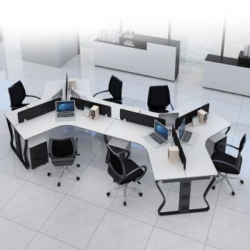 "A modular 6-person office workstation configuration featuring a continuous white top formed by interconnected, angled 120-degree desks, divided by low-profile black privacy screens and supported by wavy black metal legs."