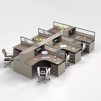 "A 6-person modular office workstation desk layout featuring a back-to-back configuration of L-shaped desks with gray wood-grain tops, integrated under-desk three-drawer pedestals, a central elevated storage spine shelf, and ribbed glass privacy dividers."