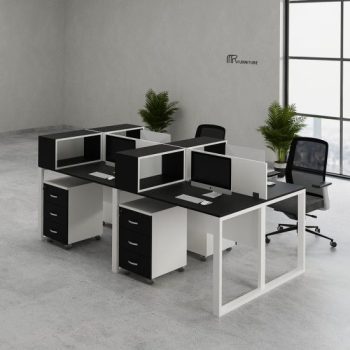 "A modular 4-person back-to-back office workstation desk featuring matte black desktops, a white steel loop frame, elevated black-and-white storage hutch cubbies, and matching two-tone mobile drawer pedestals."