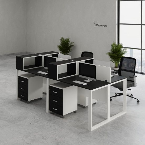 "A modular 4-person back-to-back office workstation desk featuring matte black desktops, a white steel loop frame, elevated black-and-white storage hutch cubbies, and matching two-tone mobile drawer pedestals."