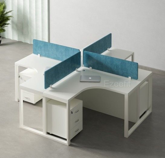 "A 4-person cross-shaped modular office workstation featuring white curved L-shaped desktops, white steel square loop frame legs, a central cross layout of blue fabric privacy divider screens, and matching white under-desk mobile filing pedestals."