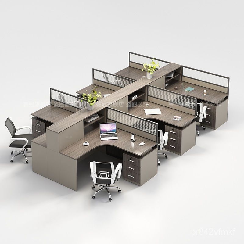 "A 6-person modular office workstation desk layout featuring a back-to-back configuration of L-shaped desks with gray wood-grain tops, integrated under-desk three-drawer pedestals, a central elevated storage spine shelf, and ribbed glass privacy dividers."