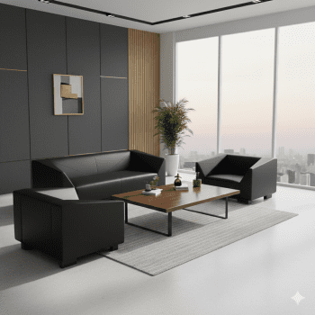 "A contemporary three-piece black leather sofa set consisting of a matching three-seater couch and two single armchairs, all featuring angular, modern geometric frames and a low-profile silhouette."