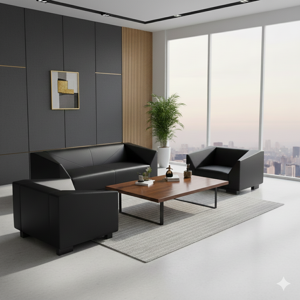 "A contemporary three-piece black leather sofa set consisting of a matching three-seater couch and two single armchairs, all featuring angular, modern geometric frames and a low-profile silhouette."