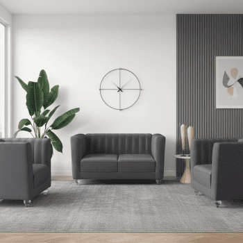 A modern three-piece seating set including a two-seater loveseat and two matching armchairs, featuring charcoal gray channel-tufted fabric and decorative clear acrylic legs.