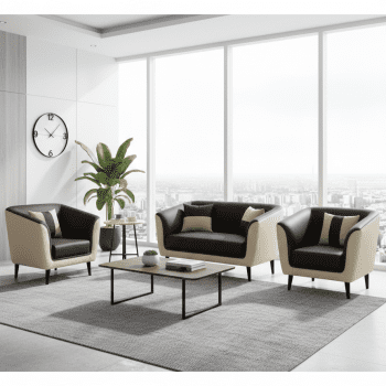"A modern three-piece dual-tone lounge suite featuring a two-seater loveseat and two matching armchairs with dark brown seats and contrasting cream-beige outer shells on black tapered legs."