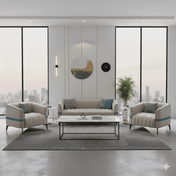 "Off-white and teal fabric sofa set, modern channel-tufted 3-piece lounge suite, executive office reception couch and matching rounded club chairs, luxury commercial lobby seating with teal blue accent stripe."
