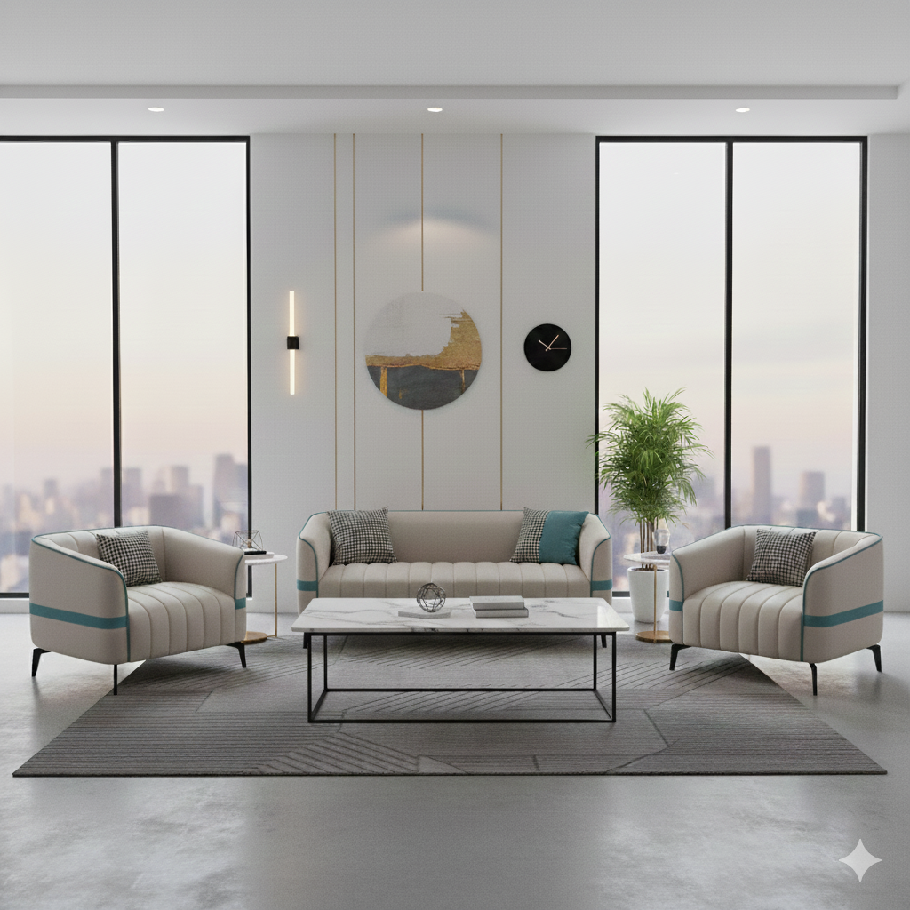 "Off-white and teal fabric sofa set, modern channel-tufted 3-piece lounge suite, executive office reception couch and matching rounded club chairs, luxury commercial lobby seating with teal blue accent stripe."