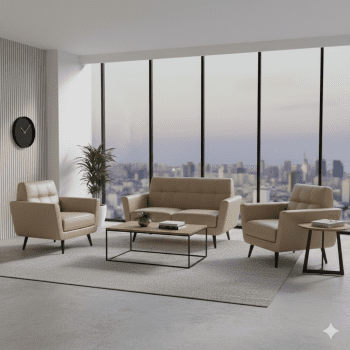 "A contemporary three-piece beige leather sofa set featuring a mid-century modern two-seater loveseat and two matching armchairs with tufted backrests and dark tapered wooden legs."
