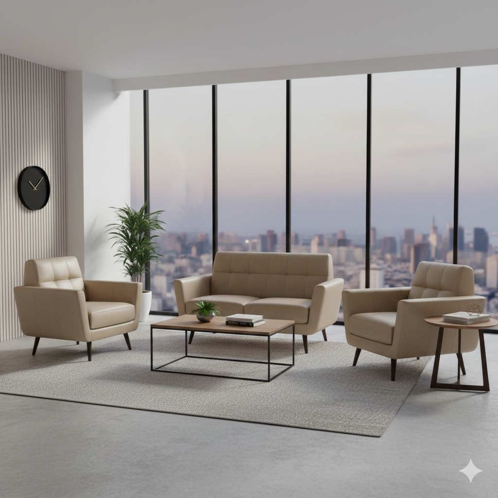 "A contemporary three-piece beige leather sofa set featuring a mid-century modern two-seater loveseat and two matching armchairs with tufted backrests and dark tapered wooden legs."