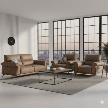 "A contemporary three-piece tan leather lounge set featuring a two-seater loveseat and two matching armchairs with padded rolled armrests and slim black legs."