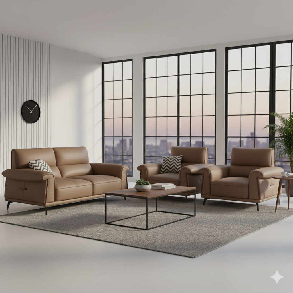 "A contemporary three-piece tan leather lounge set featuring a two-seater loveseat and two matching armchairs with padded rolled armrests and slim black legs."