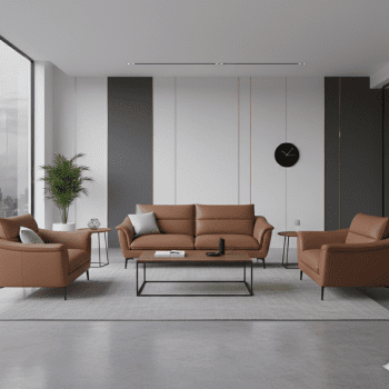 "A contemporary three-piece tan leather lounge suite featuring a three-seater sofa and two matching single armchairs with horizontal channel-tufted backrests and thin black metal legs."