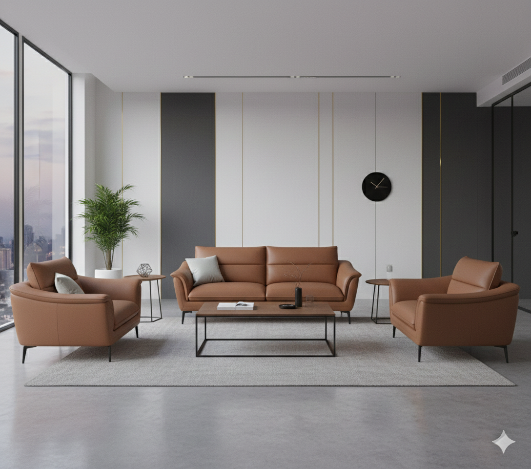 "A contemporary three-piece tan leather lounge suite featuring a three-seater sofa and two matching single armchairs with horizontal channel-tufted backrests and thin black metal legs."