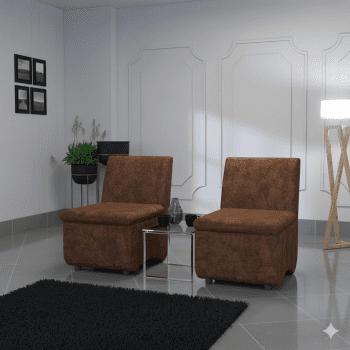"A modern two-piece armless lounge seating set featuring two matching block-style single chairs upholstered in textured brown distressed suede fabric."