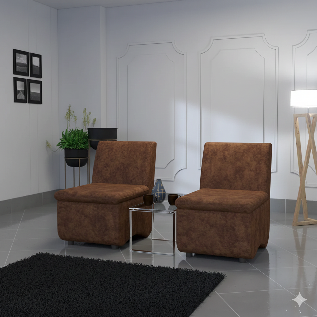 "A modern two-piece armless lounge seating set featuring two matching block-style single chairs upholstered in textured brown distressed suede fabric."