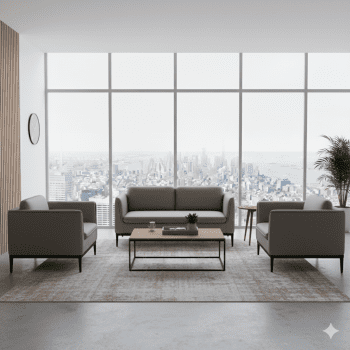"A minimalist three-piece sofa set featuring a central three-seater couch and two matching armchairs, all upholstered in light taupe fabric with slim black metal legs."