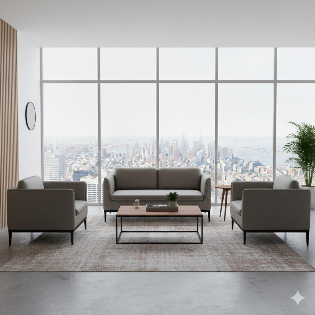 "A minimalist three-piece sofa set featuring a central three-seater couch and two matching armchairs, all upholstered in light taupe fabric with slim black metal legs."