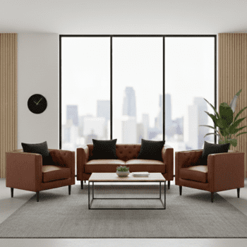 "A modern three-piece seating suite featuring a cognac brown leather two-seater loveseat and two matching armchairs with button-tufted interior backs and slim dark wood legs."
