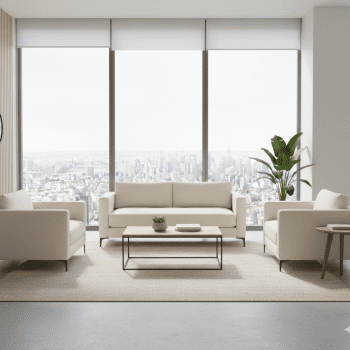 "A contemporary three-piece lounge sofa set consisting of a matching three-seater couch and two single armchairs, all upholstered in a crisp off-white cream fabric with slim, low-profile black legs."