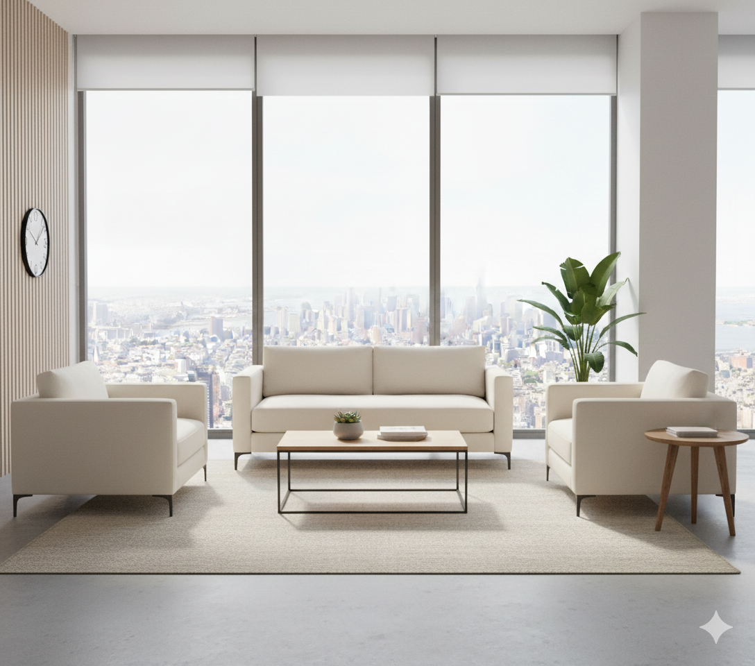 "A contemporary three-piece lounge sofa set consisting of a matching three-seater couch and two single armchairs, all upholstered in a crisp off-white cream fabric with slim, low-profile black legs."