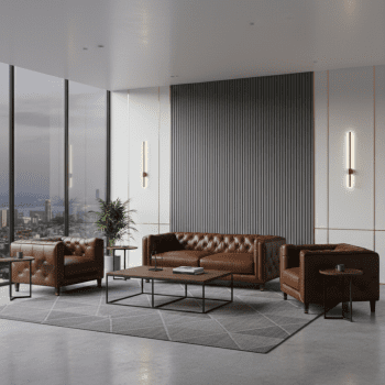"A classic tufted leather sofa set including a matching two-seater loveseat and two single club chairs, all finished in a rich cognac brown upholstery with deep diamond button tufting."