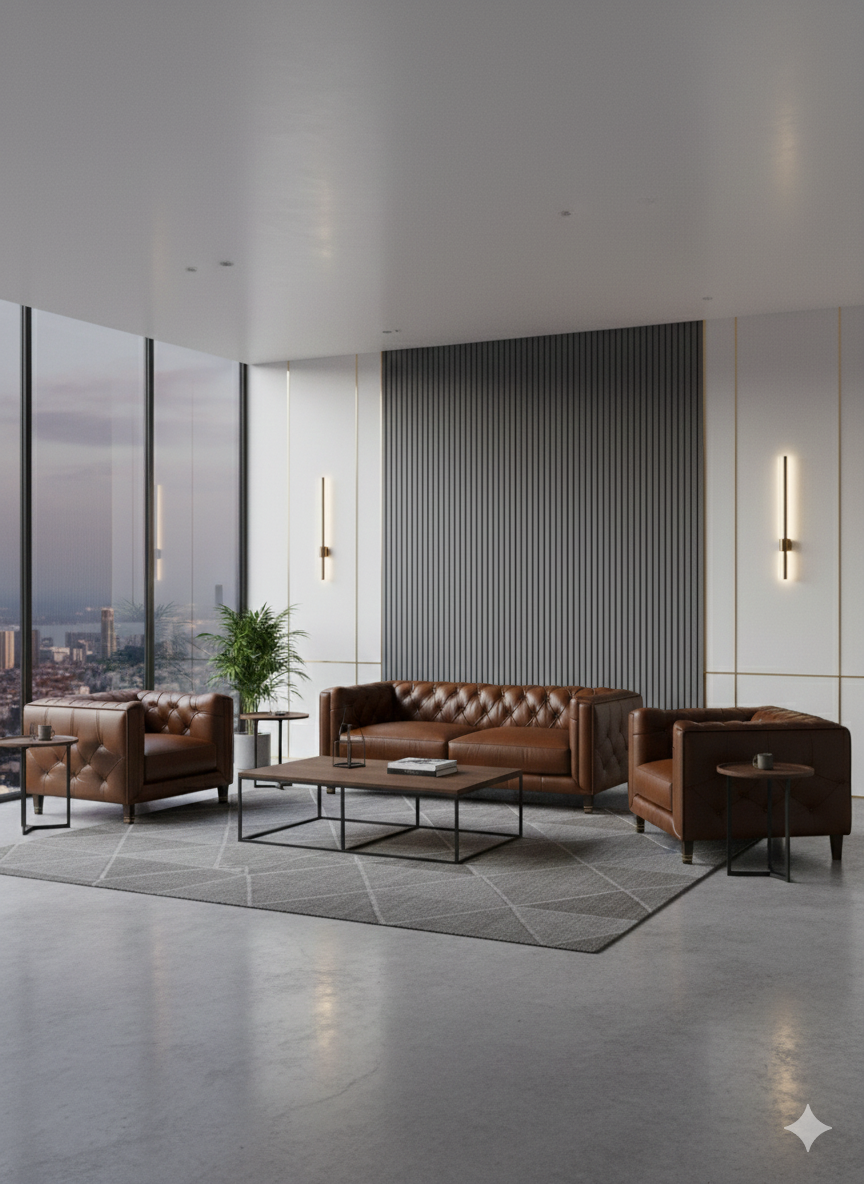 "A classic tufted leather sofa set including a matching two-seater loveseat and two single club chairs, all finished in a rich cognac brown upholstery with deep diamond button tufting."