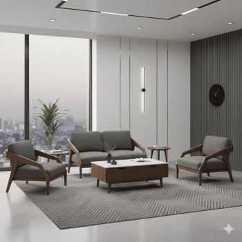 "A mid-century modern sofa set featuring a two-seater loveseat and two matching armchairs, all crafted with grey upholstered cushions and exposed dark wood frames with angular track arms."