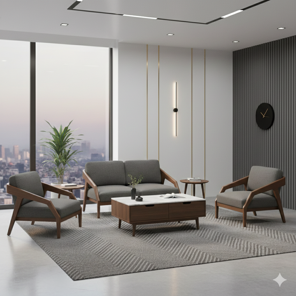 "A mid-century modern sofa set featuring a two-seater loveseat and two matching armchairs, all crafted with grey upholstered cushions and exposed dark wood frames with angular track arms."