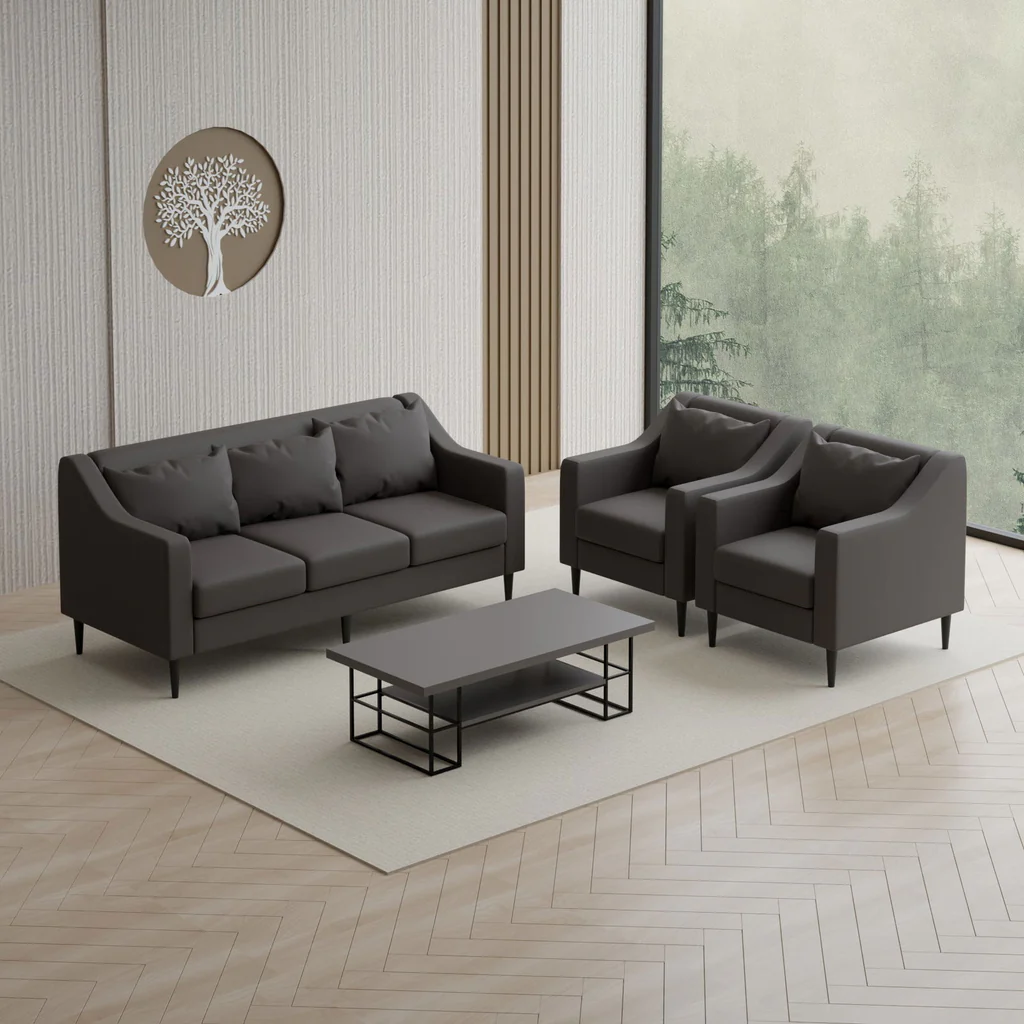 "A modern five-seater office lounge set featuring a dark charcoal gray three-seater sofa and two matching single armchairs with sloped armrests, plush back cushions, and thin black tapered legs."