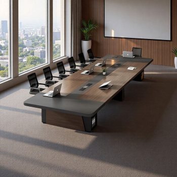 "A large, rectangular executive boardroom desk featuring a dark wood-grain top with a wrap-around matte grey border, a continuous black center media channel, and thick, matching wood and grey pedestal bases."