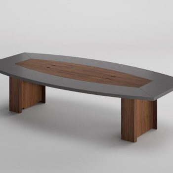 "A boat-shaped executive conference desk featuring a matte grey outer border framing an oval-shaped center wood panel with integrated wire cutouts, supported by thick matching wood panel pedestal bases."