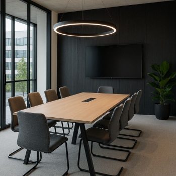 "A rectangular minimalist conference desk featuring a natural light oak wood tabletop with a central black media grommet, supported by a modern black metal A-frame leg structure."