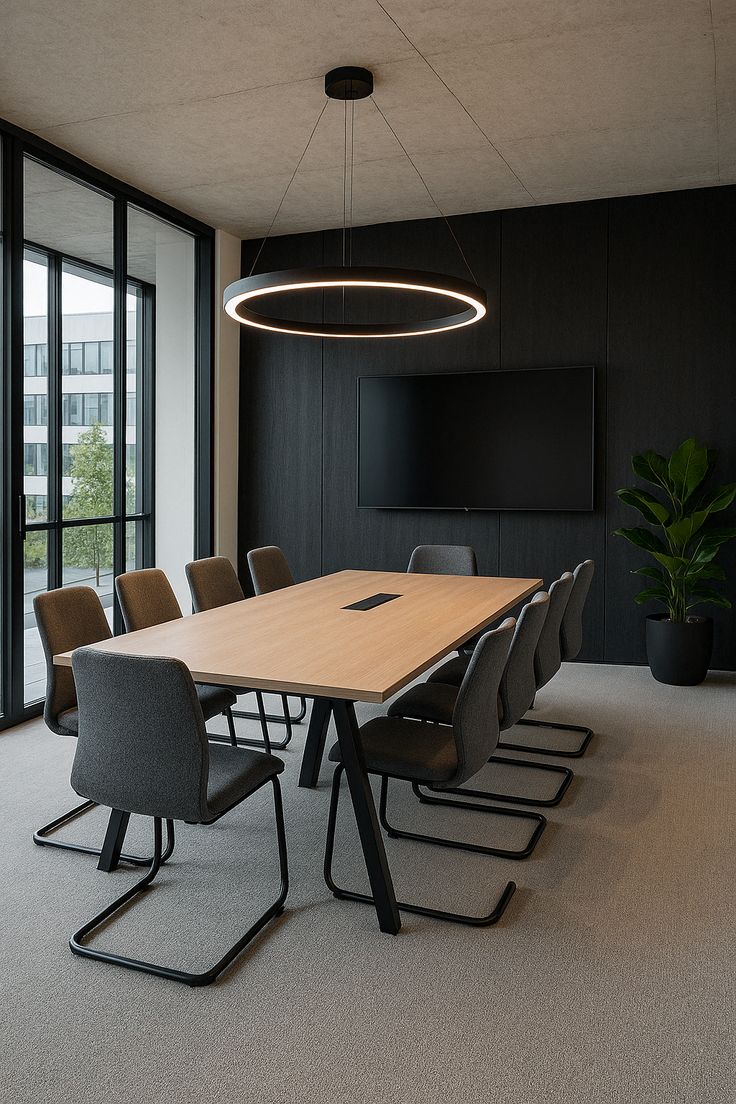 "A rectangular minimalist conference desk featuring a natural light oak wood tabletop with a central black media grommet, supported by a modern black metal A-frame leg structure."