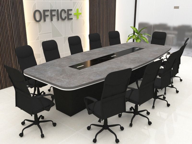 "A large, modern conference room meeting table featuring a rounded rectangular concrete-gray top with a contrasting black glass center media track and a thick black box pedestal base."