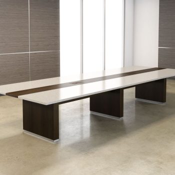"A large, rectangular executive conference table featuring a white stone-texture tabletop with a long, dark wood-grain center inlay and three thick, dark wood pedestal bases with silver metal foot accents."