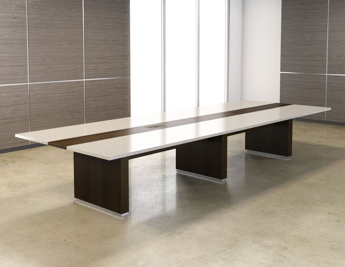 "A large, rectangular executive conference table featuring a white stone-texture tabletop with a long, dark wood-grain center inlay and three thick, dark wood pedestal bases with silver metal foot accents."