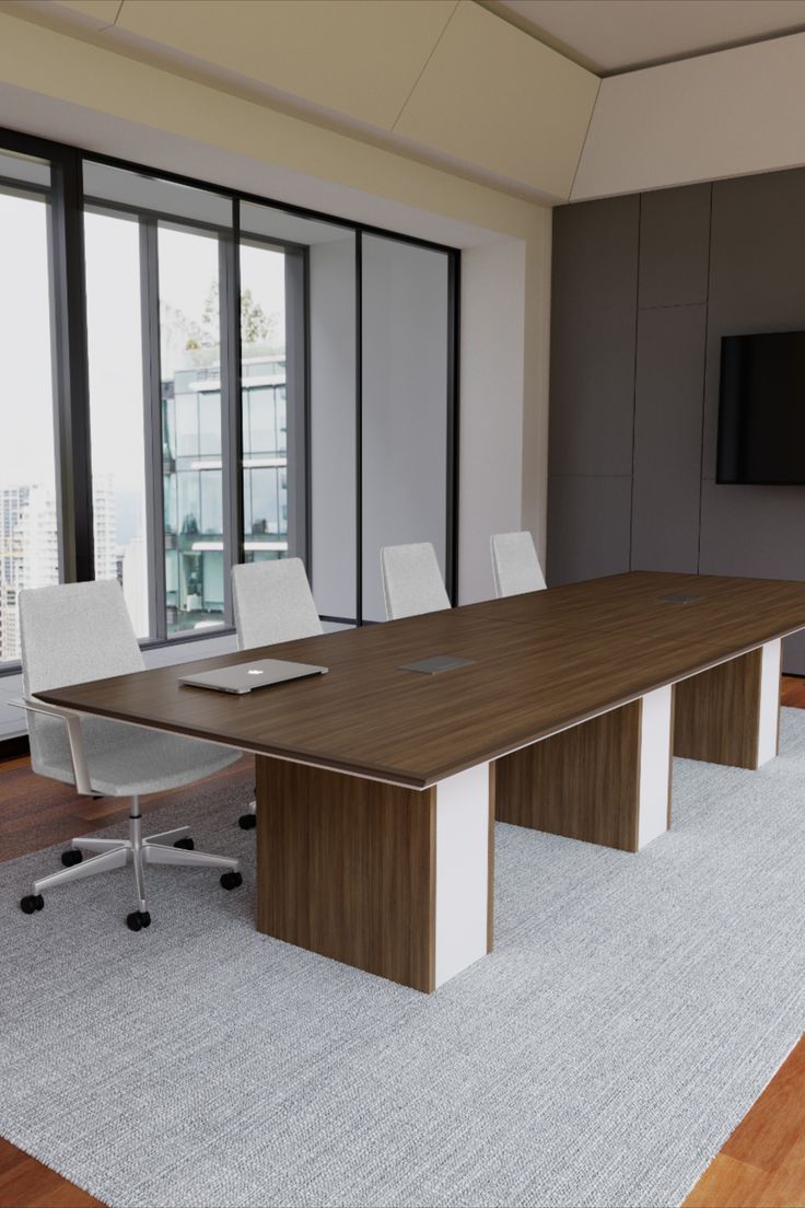 "A long, rectangular executive boardroom desk featuring a dark walnut wood-grain top with a thin white edge profile, supported by three thick pedestal block bases in matching wood-grain with white side-panel accents."