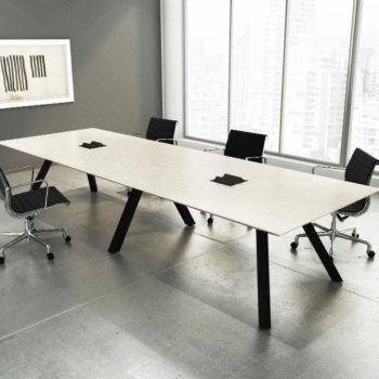 "A long, modern rectangular conference meeting desk featuring a ultra-light oak wood-grain top with two black pop-up power outlets, supported by an industrial black metal underframe with thick, angled splayed legs."