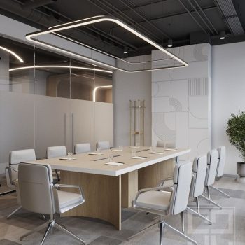 "A long, rectangular executive boardroom desk featuring a light wood-grain tabletop with a thick, solid white perimeter border, supported by matching curved wood panel slab bases."