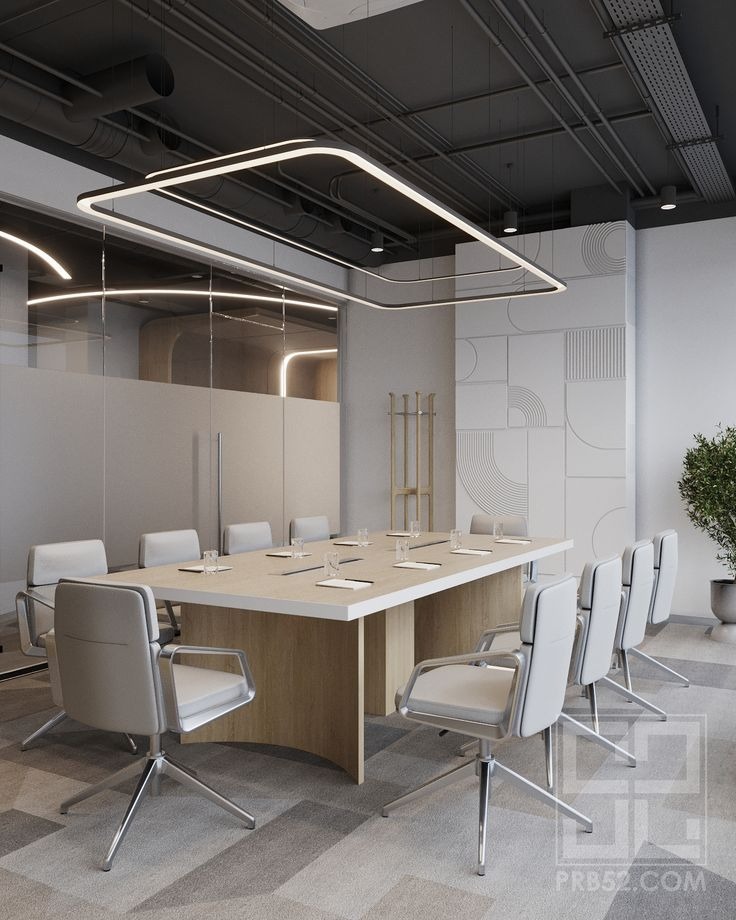"A long, rectangular executive boardroom desk featuring a light wood-grain tabletop with a thick, solid white perimeter border, supported by matching curved wood panel slab bases."
