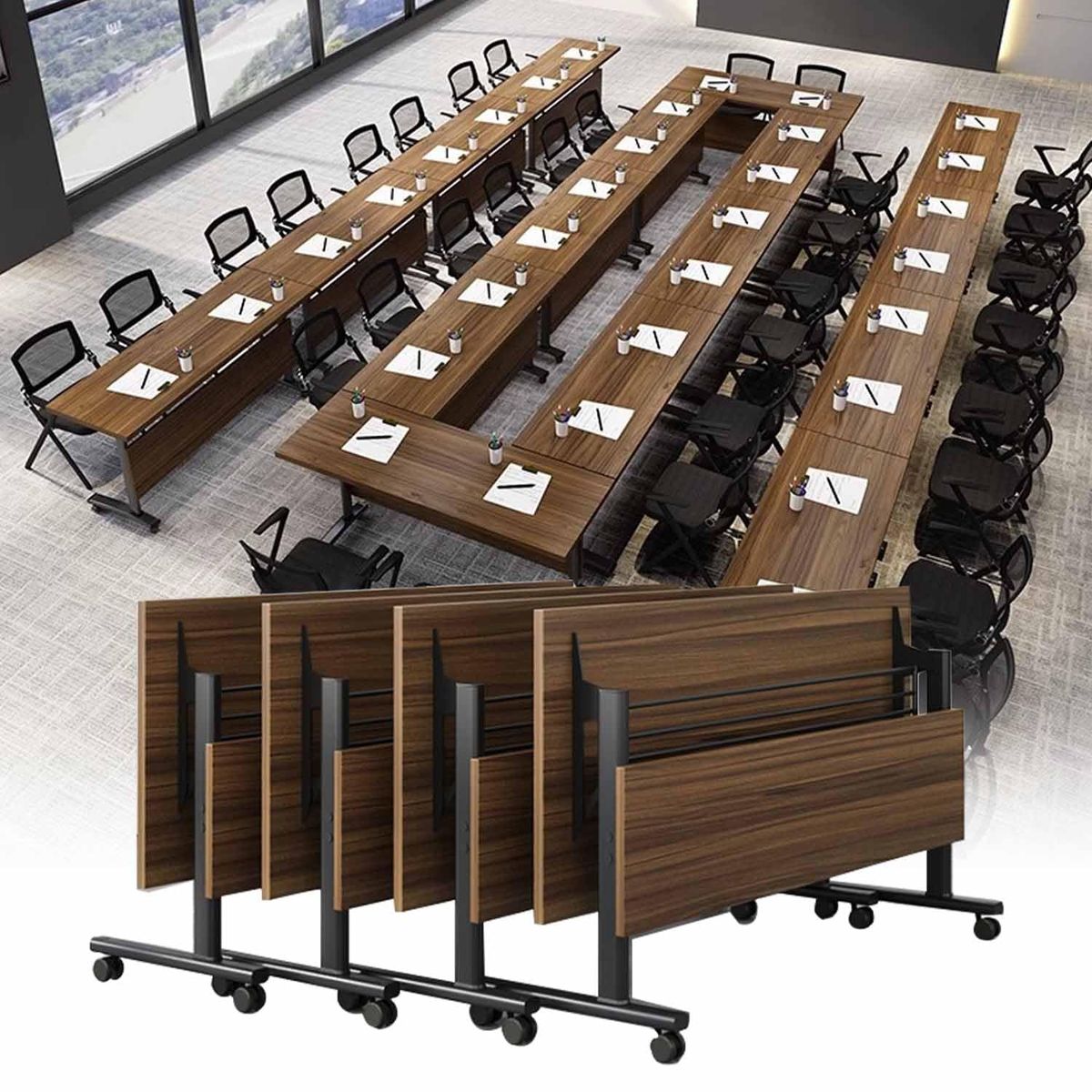 "A modular, wood-grain folding meeting desk featuring a rectangular flip-top surface, integrated modesty panel, and a black T-bar metal base with locking casters for mobile nesting."